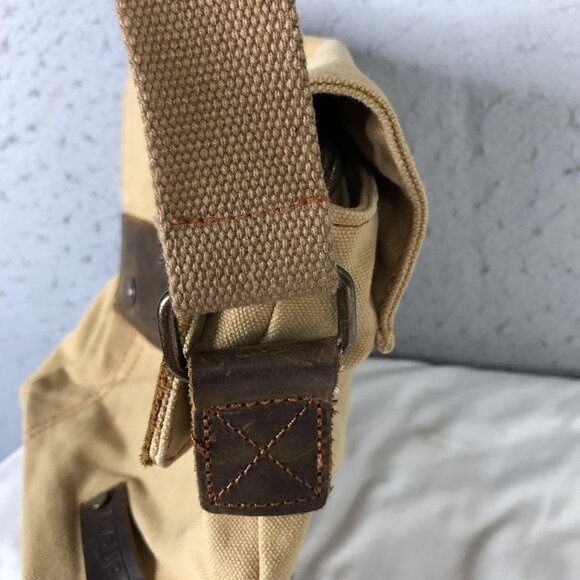 AUGUR Messenger Bag Mens Medium Beige Canvas Leather Crossbody Shoulder Casual - Picture 10 of 16